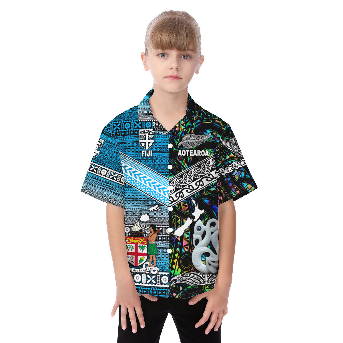 New Zealand Maori Aotearoa Fiji Tapa Together Hawaiian Shirt KID - Paua Shell LT8 Unisex Blue - Polynesian Pride