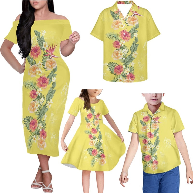 Polynesian Family Set Matching Outfit Hibiscus Polynesian Tribal Yellow Off Shoulder Long Sleeve Dress And Shirt - Polynesian Pride