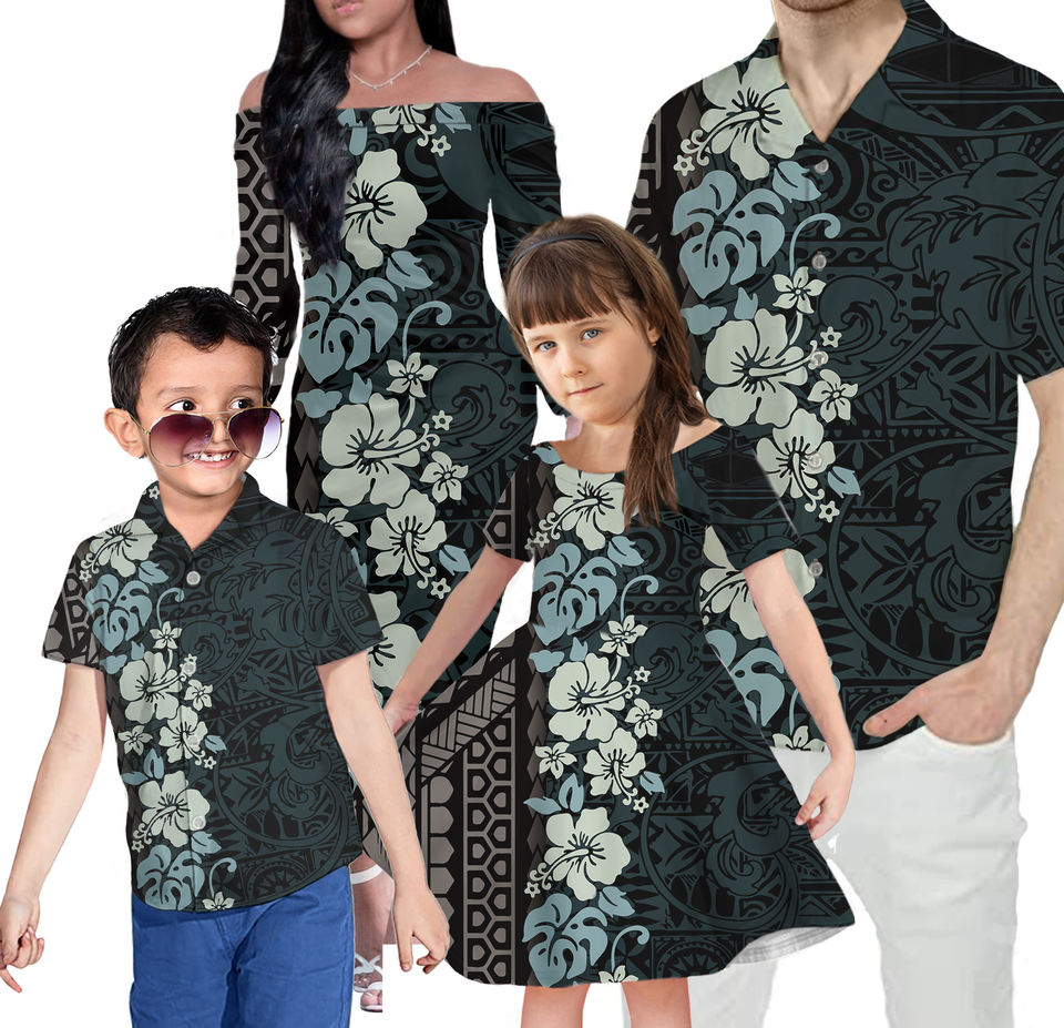 Hawaii Hibiscus Flowers Family Matching Outfits Polynesian Tribal Off Shoulder Long Sleeve Dress And Shirt Family Set - Polynesian Pride