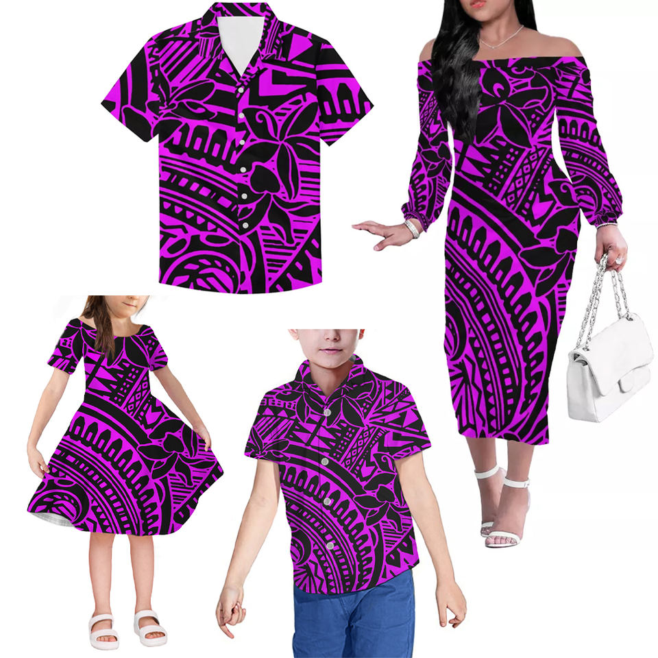 Polynesian Tribal Hawaii Floral Family Matching Outfits Polynesian Off Shoulder Long Sleeve Dress And Shirt - Polynesian Pride