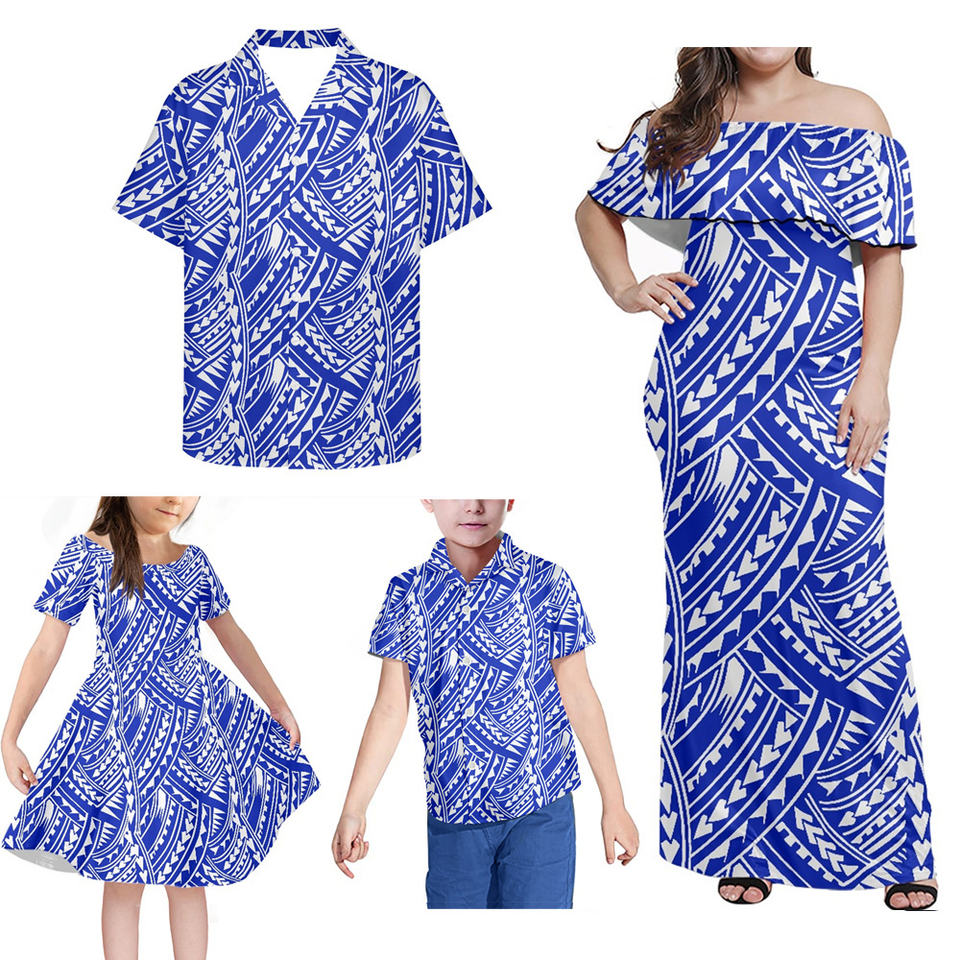 Hawaii Family Matching Outfit Polynesian Tribal Print Green Off Shoulder Long Sleeve Dress And Shirt - Polynesian Pride