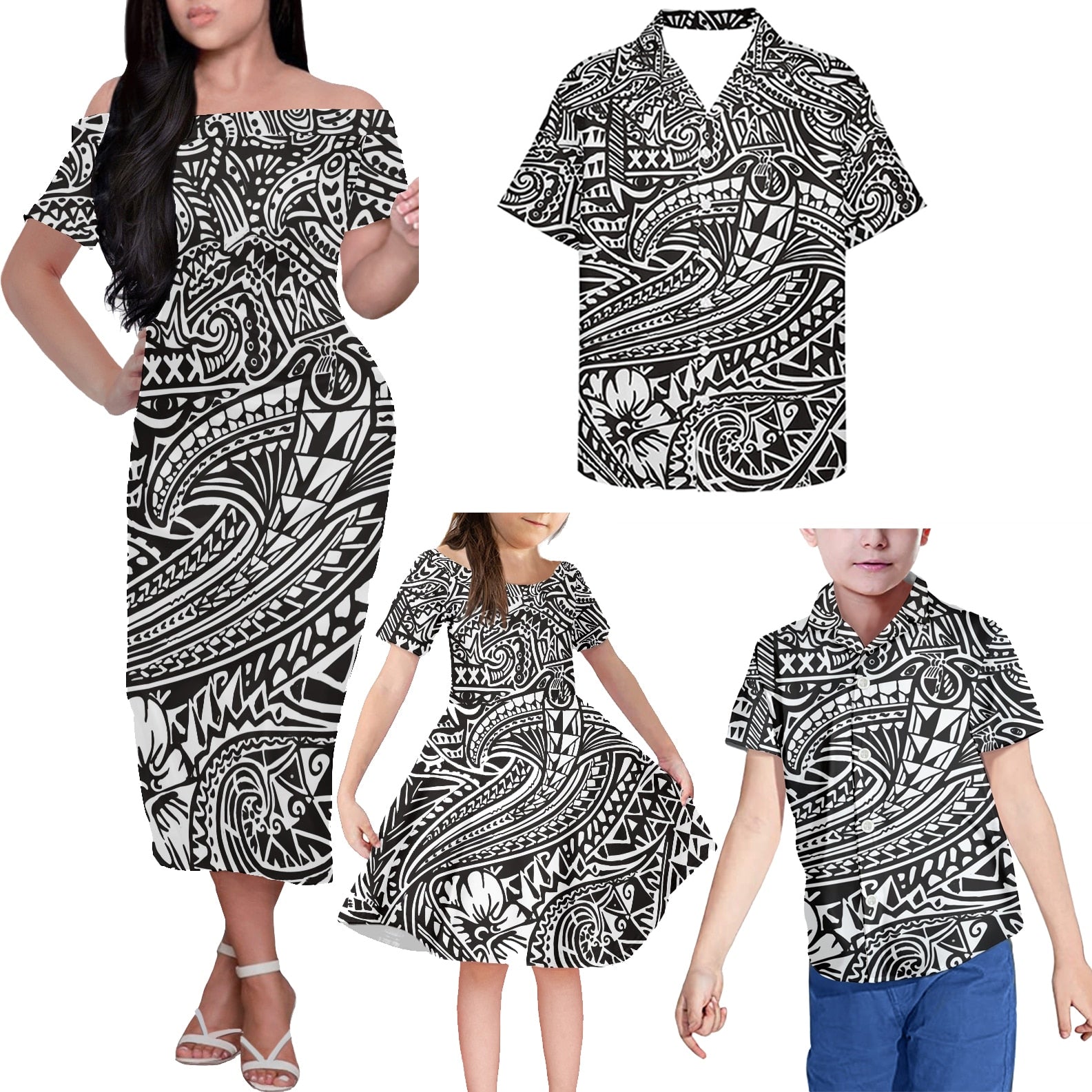 Black And White Matching Clothes For Family Polynesian Tribal Hawaii Floral Off Shoulder Long Sleeve Dress And Shirt - Polynesian Pride