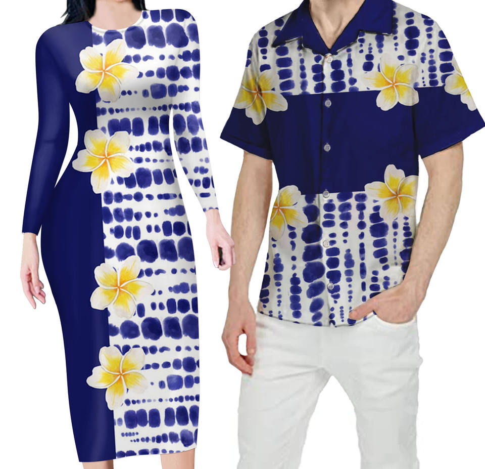 Blue Matching Outfit For Couples Plumeria Flowers Hawaii Bodycon Dress And Hawaii Shirt - Polynesian Pride