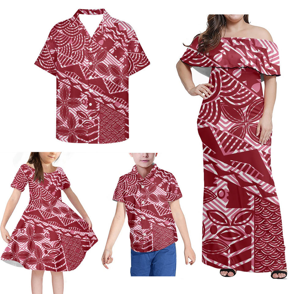 Polynesian Family Matching Outfit Polynesian Tribal Tattoo Print Off Shoulder Long Sleeve Dress And Hawaii Shirt - Polynesian Pride