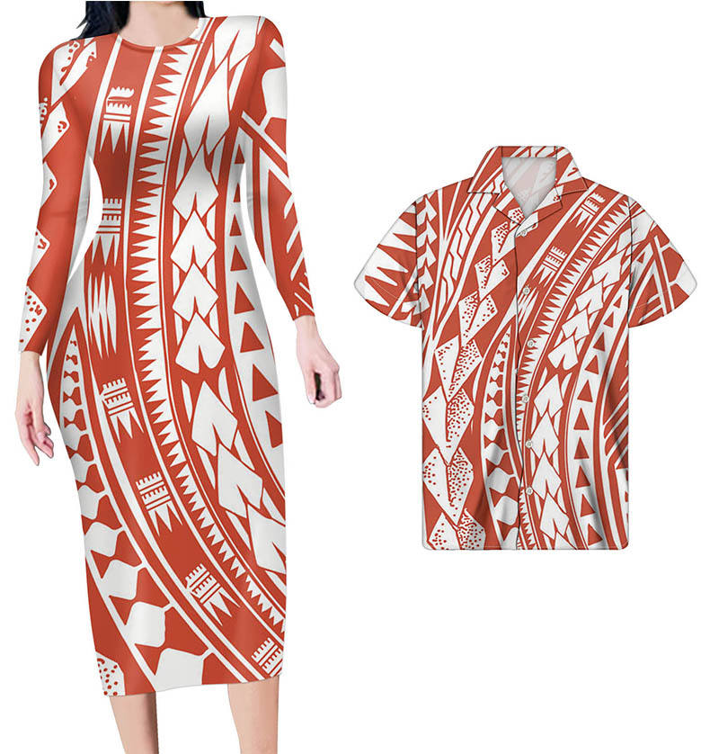 Polynesian Pride Hawaii Matching Outfit For Couples Polynesian Tribal Orange White Bodycon Dress And Summer Hawaii Shirt - Polynesian Pride