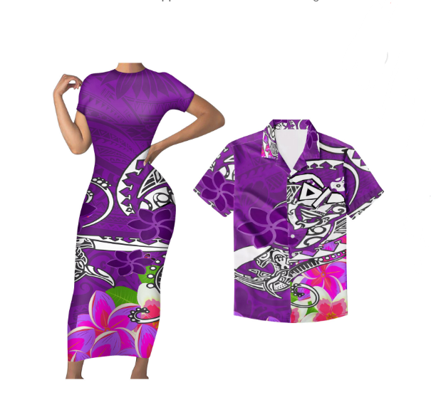 Polynesian Pride Hawaii Couple Outfits Hawaii Plumeria Polynesian Pattern Bodycon Dress And Hawaii Shirt - Polynesian Pride