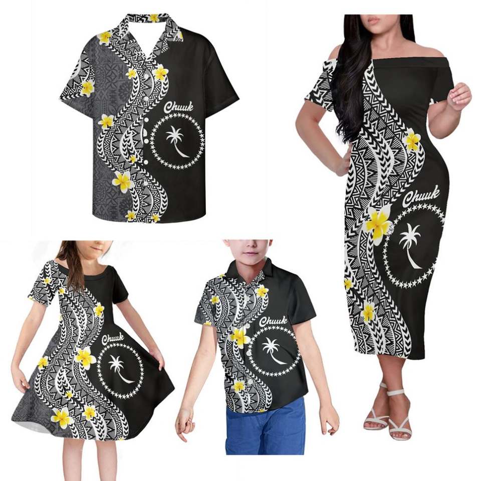 Chuuk Polynesian Tribal Matching Clothes For Family Hawaii Plumeria Floral Off Shoulder Long Sleeve Dress And Shirt - Polynesian Pride