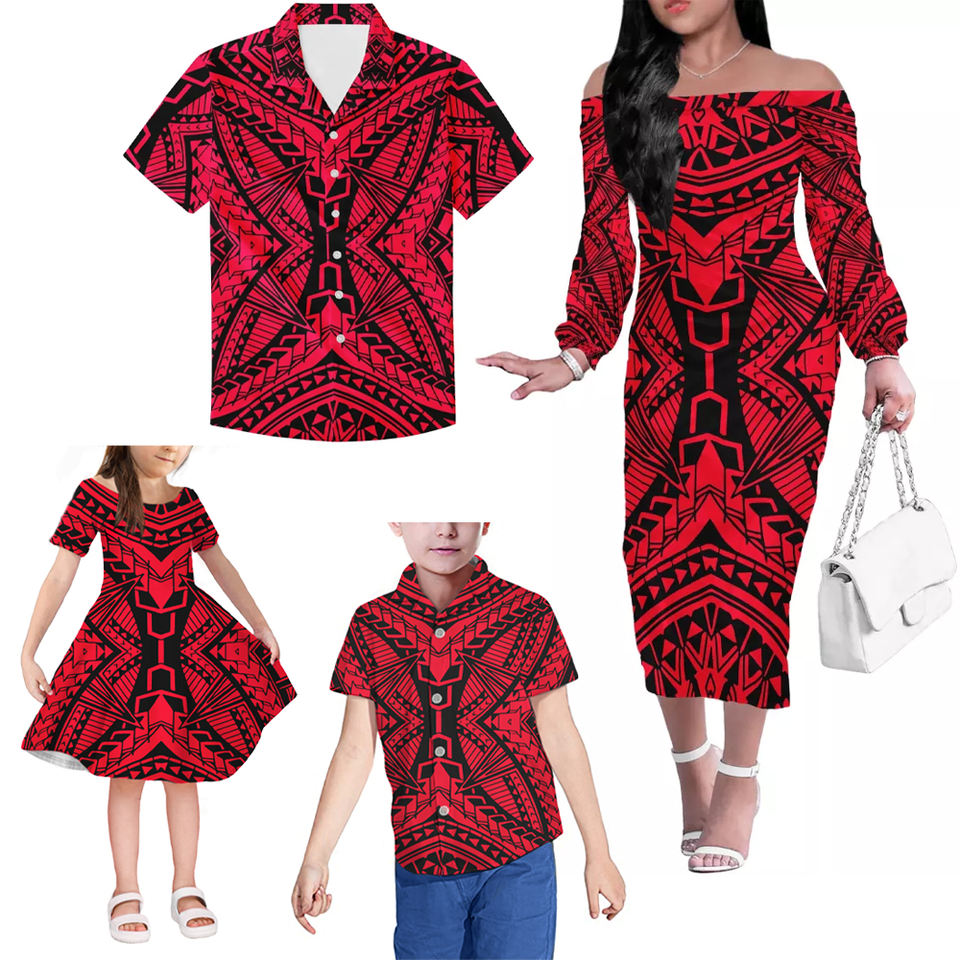 Polynesian Red Family Matching Outfits Polynesian Tribal Hawaii Off Shoulder Long Sleeve Dress And Shirt Family Set Clothes - Polynesian Pride