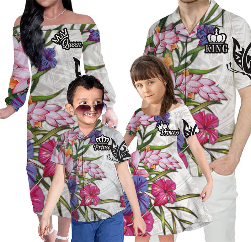 Hawaii White Family Matching Outfits Hawaii Polynesian Tribal King And Queen Style Hawaii Floral Off Shoulder Long Sleeve Dress And Shirt - Polynesian Pride