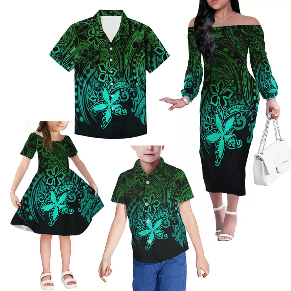 Hawaii Flowers Tropical Matching Outfits For Family Polynesian Tribal Off Shoulder Long Sleeve Dress And Shirt Family Set Clothes - Polynesian Pride