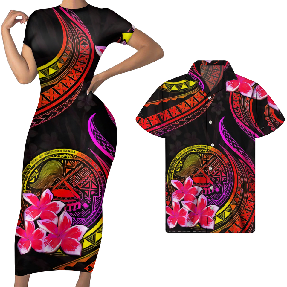 Polynesian Pride Hawaii Matching Outfit For Couples Plumeria Polynesian Tribal American Samoa Red Bodycon Dress And Hawaii Shirt - Polynesian Pride