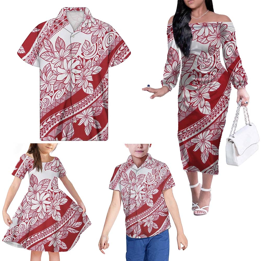 Red Matching Outfits For Family Polynesian Tribal Hawaii Floral Off Shoulder Long Sleeve Dress And Shirt Family Set Clothes - Polynesian Pride