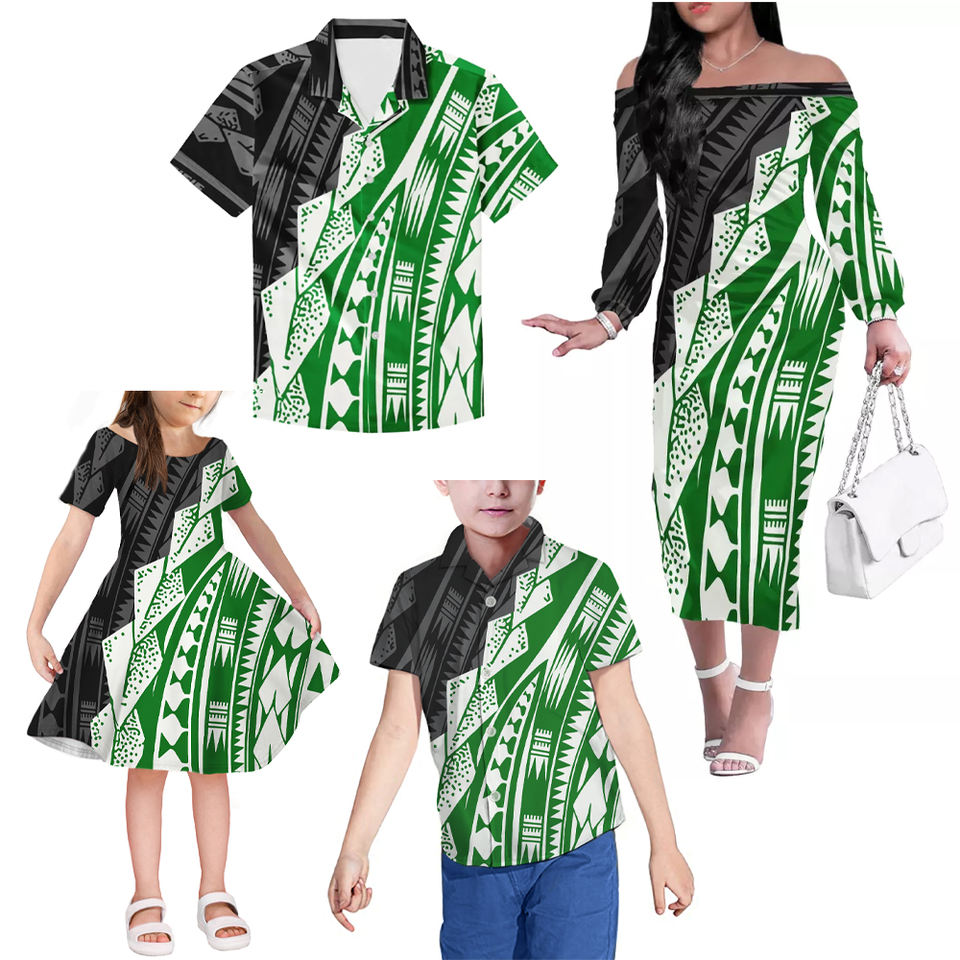 Polynesian Tribal Family Matching Outfits Hawaii Off Shoulder Long Sleeve Dress And Shirt Family Set Clothes - Polynesian Pride