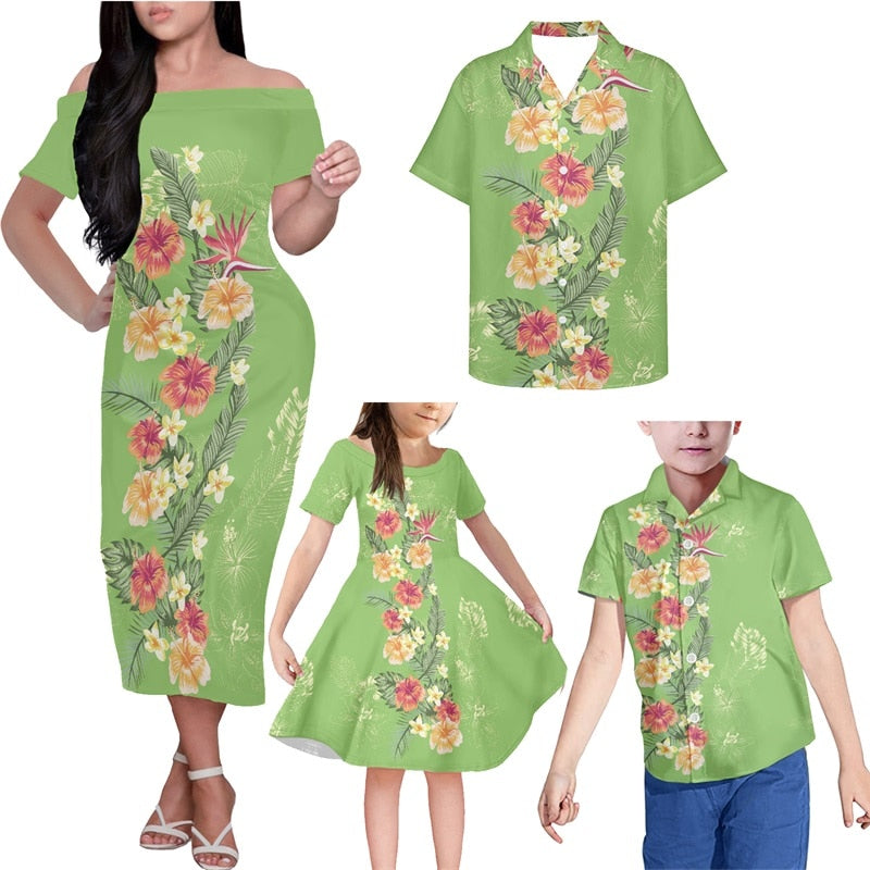 Polynesian Family Matching Outfit Hibiscus Polynesian Tribal Green Off Shoulder Long Sleeve Dress And Shirt Family Set - Polynesian Pride