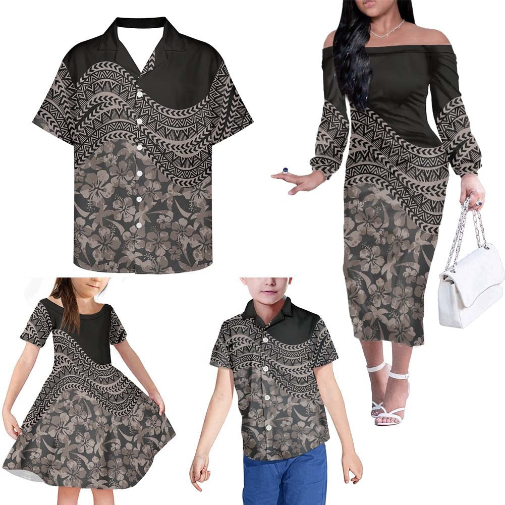 Polynesian Matching Clothes For Family Hawaii Hibiscus Flowers Off Shoulder Long Sleeve Dress And Shirt Family Set Clothes - Polynesian Pride