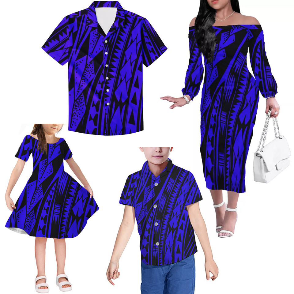 Polynesian Family Matching Outfits Polynesian Tribal Hawaii Blue Off Shoulder Long Sleeve Dress And Shirt - Polynesian Pride