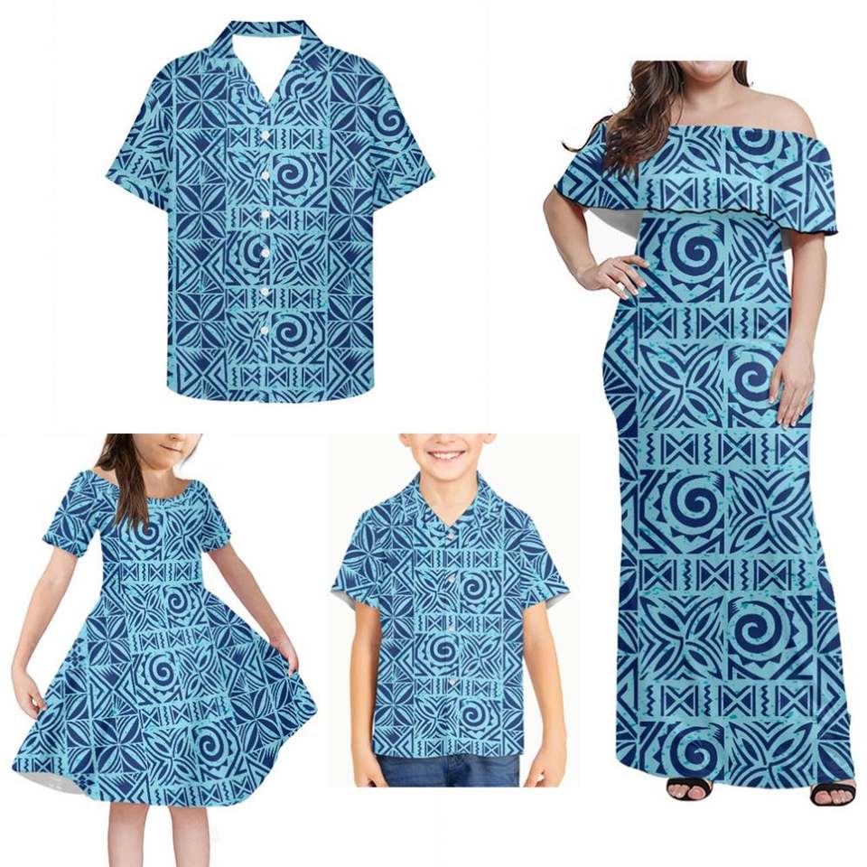 Polynesian Family Matching Outfit Polynesian Tribal Blue Print Off Shoulder Long Sleeve Dress And Hawaii Shirt - Polynesian Pride