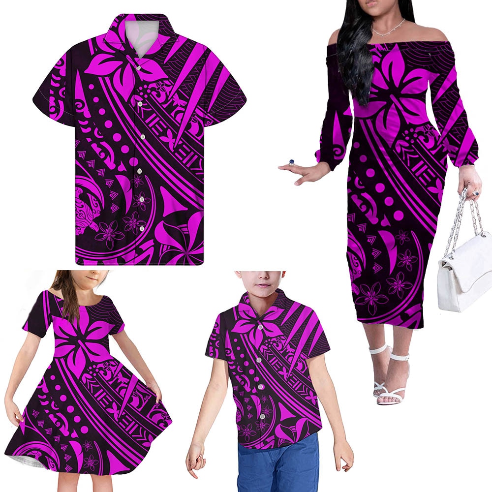 Hawaii Family Matching Outfits Polynesian Tribal Purple Off Shoulder Long Sleeve Dress And Shirt - Polynesian Pride