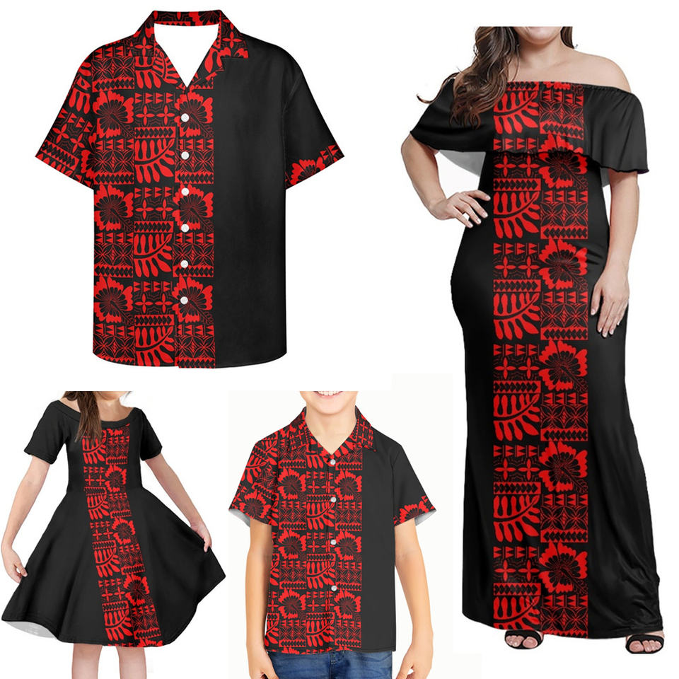 Polynesian Family Matching Outfit Polynesian Tribal Samoan Off Shoulder Long Sleeve Dress And Shirt - Polynesian Pride