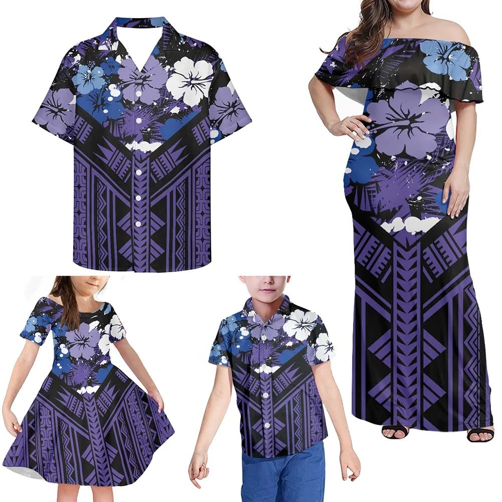 Matching Family Outfits Hawaiian Floral Polynesian Tribal Off Shoulder Long Sleeve Dress And Shirt - Polynesian Pride