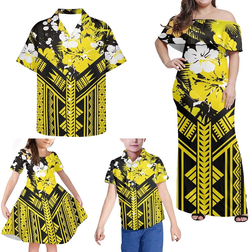 Matching Family Outfits Hawaiian Hibiscus Floral Polynesian Tribal Yellow Off Shoulder Long Sleeve Dress And Shirt - Polynesian Pride