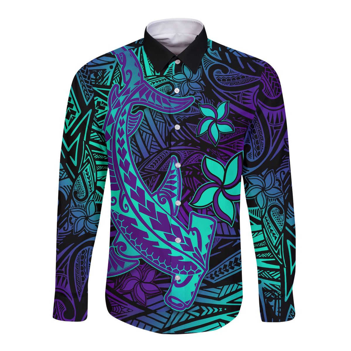 Purple Polynesian Couples Matching Off The Shoulder Long Sleeve Dress and Long Sleeve Button Shirt Tribal Hammerhead Shark LT14 - Polynesian Pride