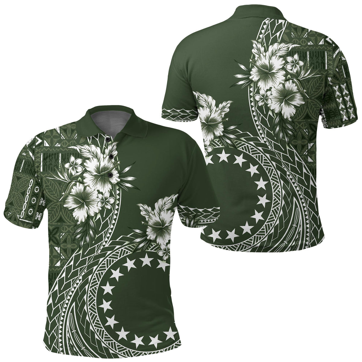 Kia Orana Cook Islands Polo Shirt Tiare and Stars - Moss Green LT7 Moss Green - Polynesian Pride