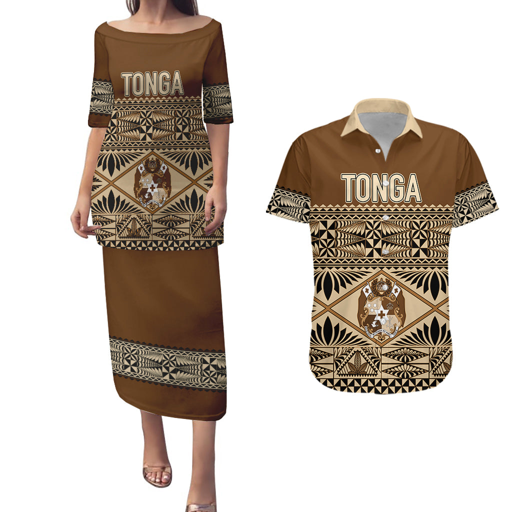 Personalised Tonga Independence Day Puletasi Dress and Hawaiian Shirt Ngatu Tapa Style LT7 Brown - Polynesian Pride