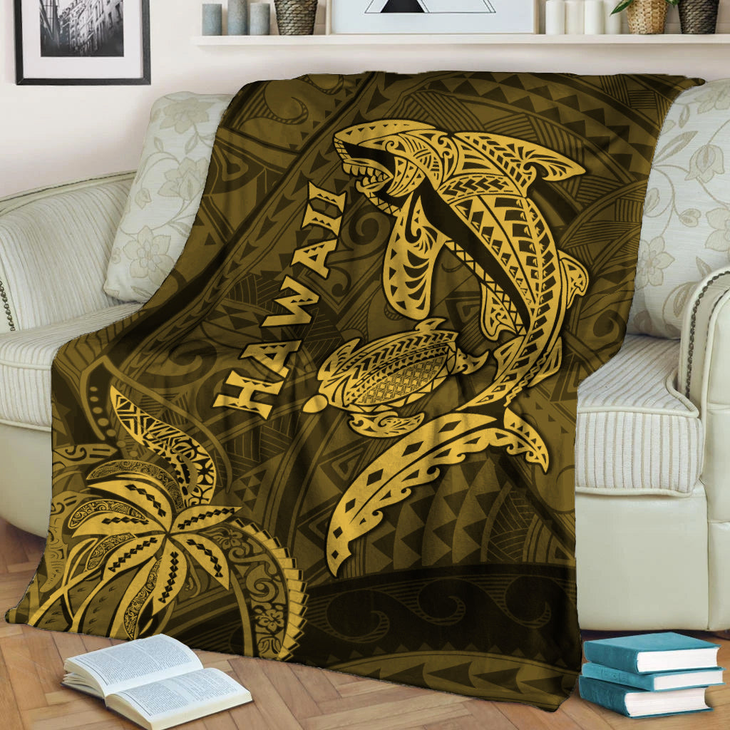 Hawaii Shark and Turtle Blanket With Gold Kakau LT9 Gold - Polynesian Pride