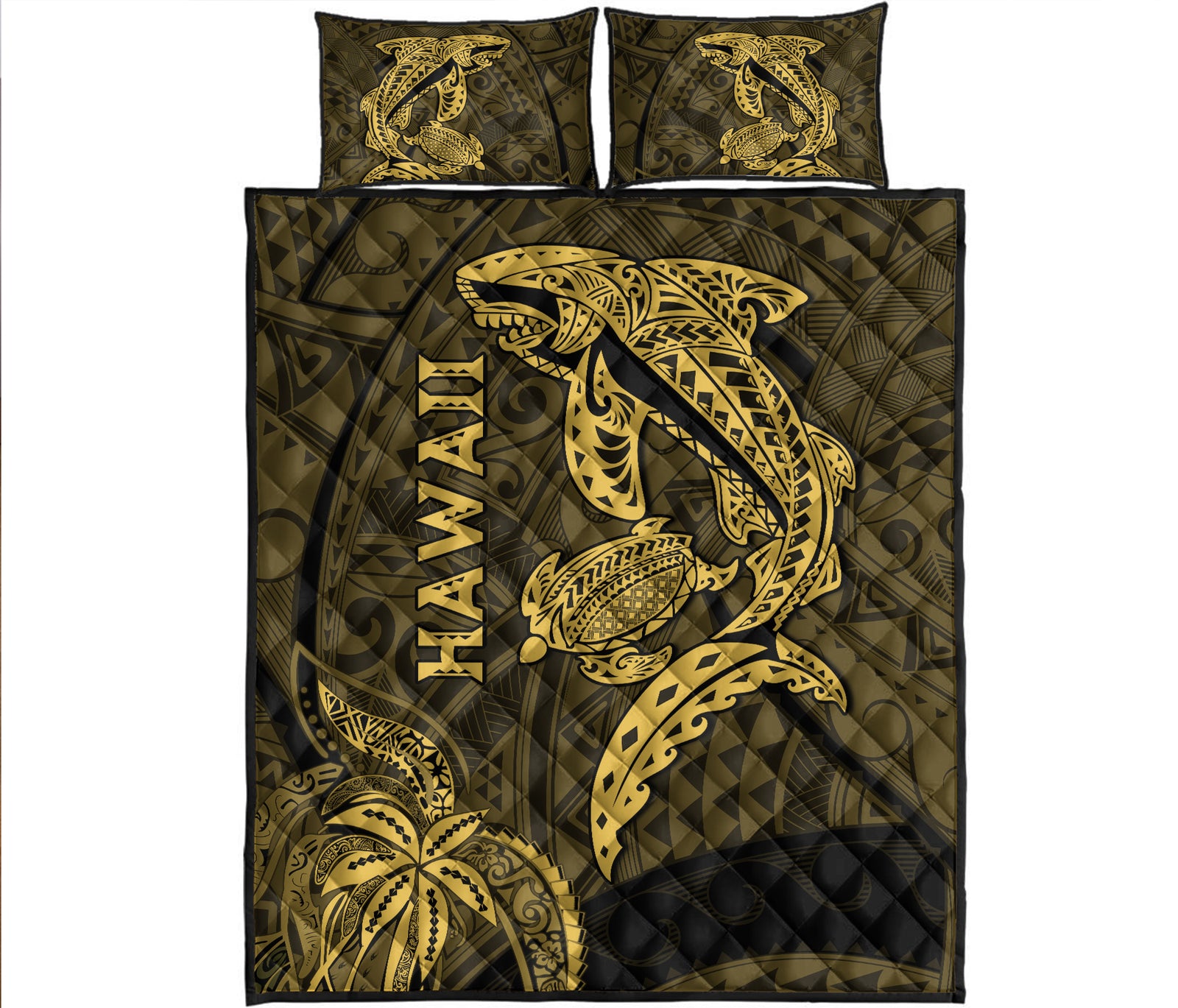 Hawaii Shark and Turtle Quilt Bed Set With Gold Kakau LT9 Gold - Polynesian Pride
