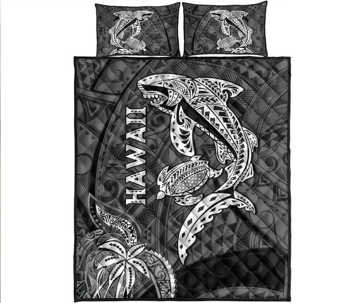 Hawaii Shark and Turtle Quilt Bed Set With Black Kakau LT9 Black - Polynesian Pride