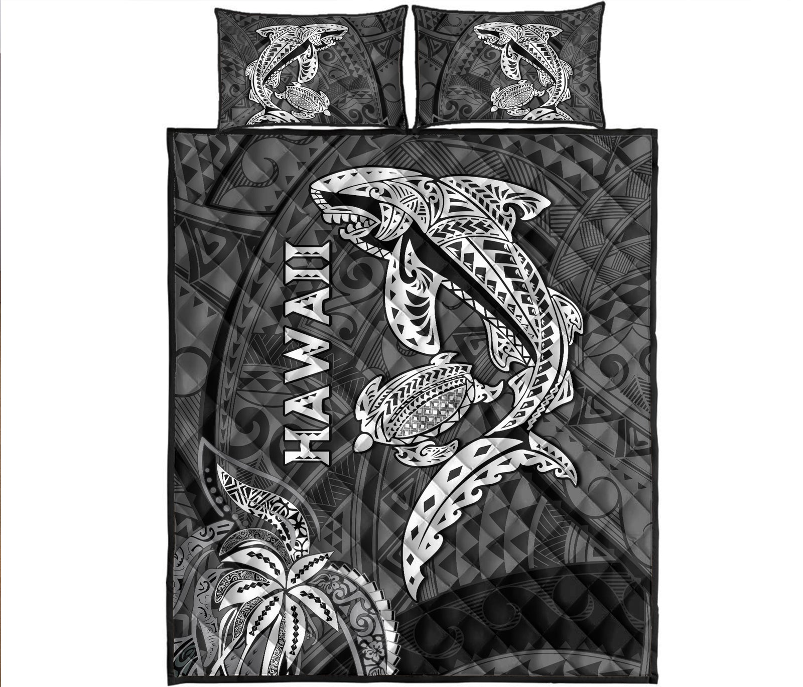 Hawaii Shark and Turtle Quilt Bed Set With Black Kakau LT9 Black - Polynesian Pride