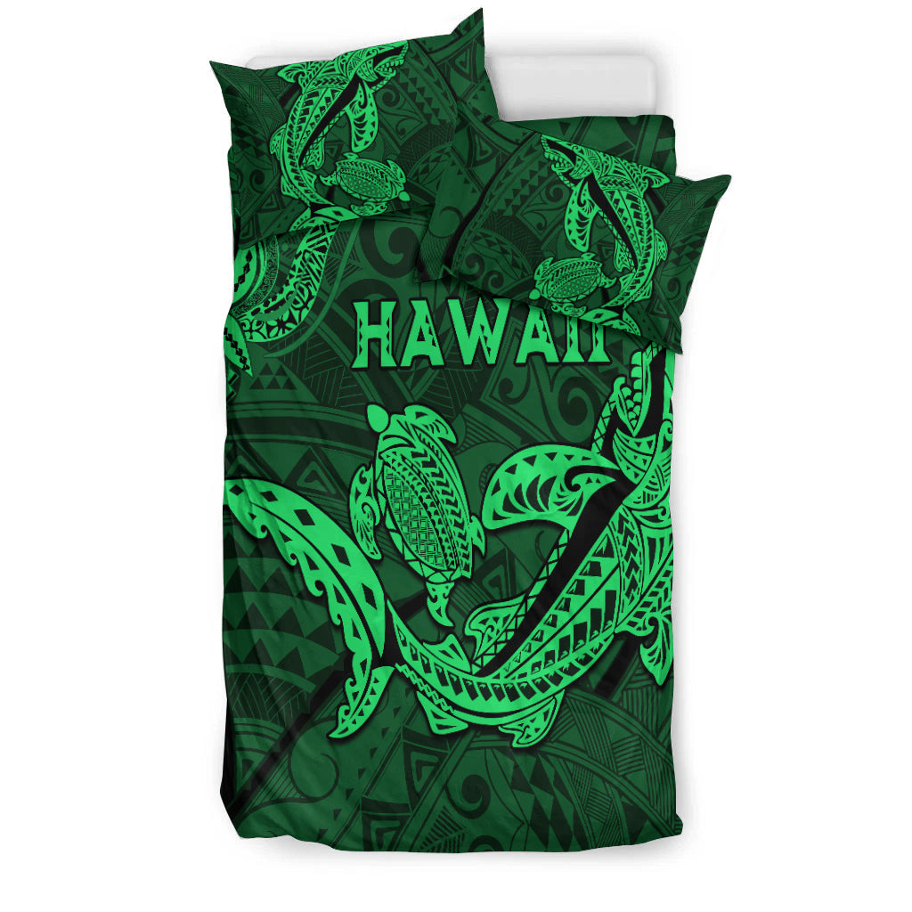 Hawaii Shark and Turtle Bedding Set With Green Kakau LT9 - Polynesian Pride
