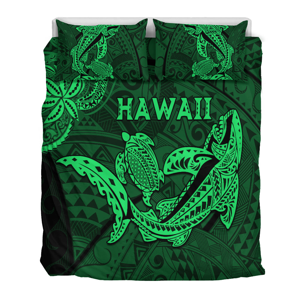 Hawaii Shark and Turtle Bedding Set With Green Kakau LT9 - Polynesian Pride
