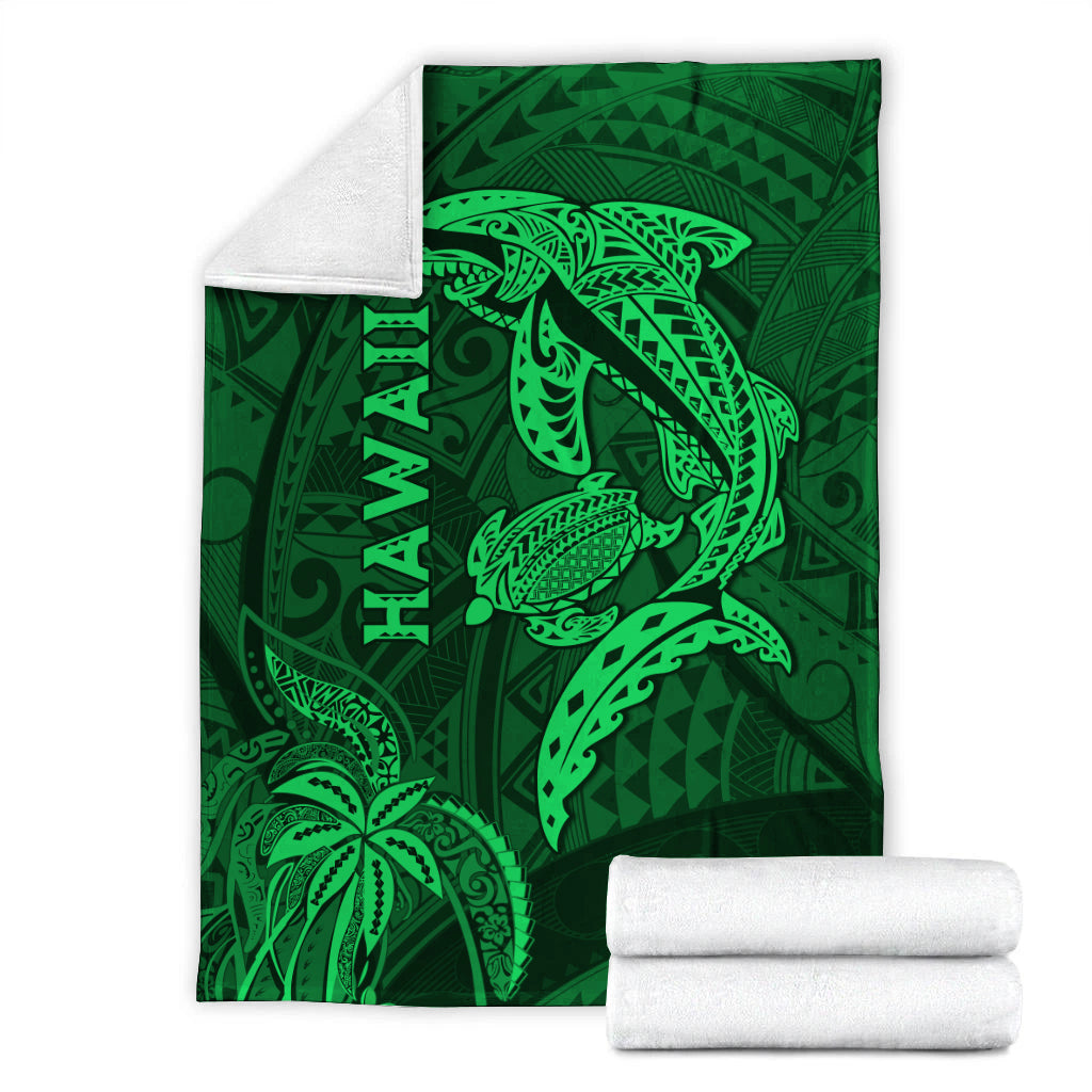 Hawaii Shark and Turtle Blanket With Green Kakau LT9 - Polynesian Pride