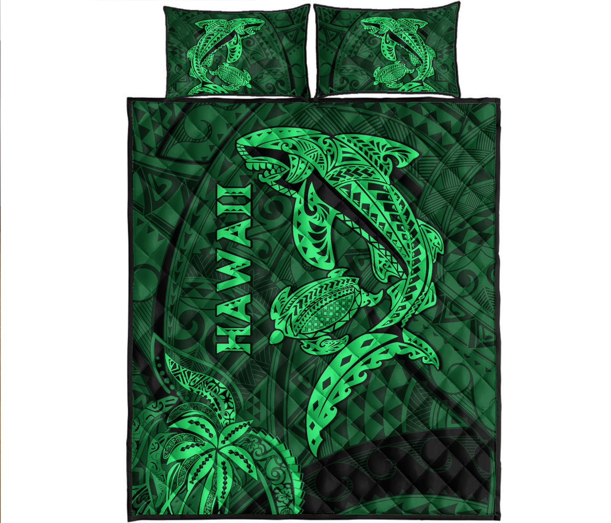 Hawaii Shark and Turtle Quilt Bed Set With Green Kakau LT9 - Polynesian Pride