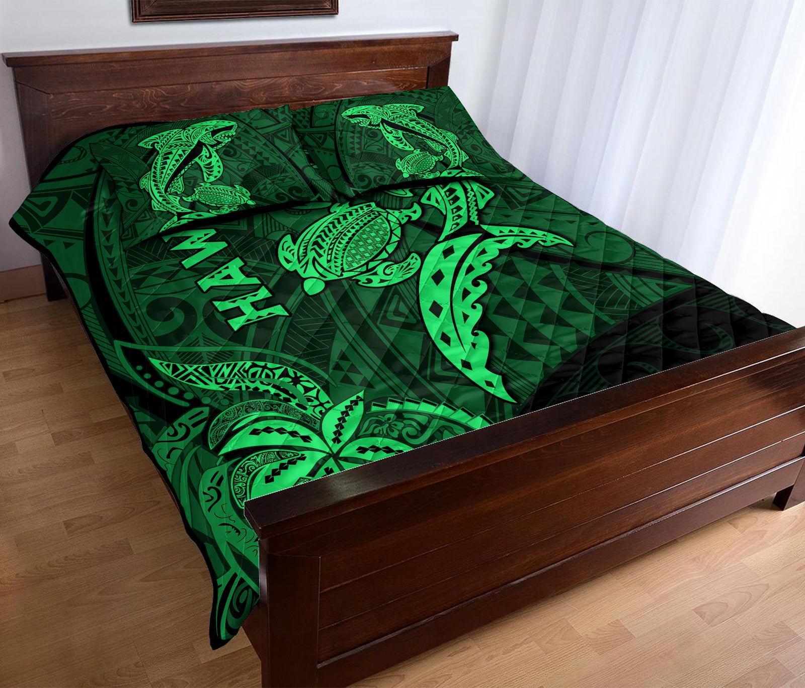 Hawaii Shark and Turtle Quilt Bed Set With Green Kakau LT9 Green - Polynesian Pride