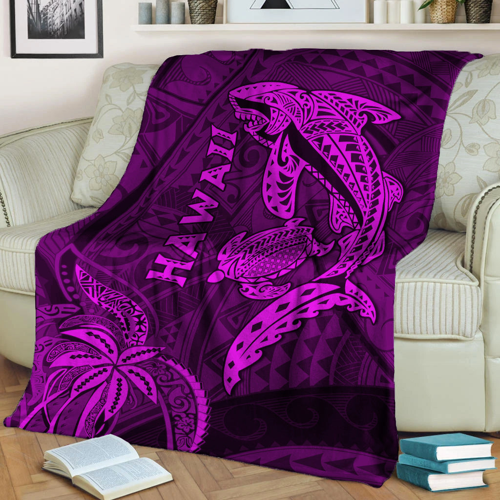 Hawaii Shark and Turtle Blanket With Purple Kakau LT9 Purple - Polynesian Pride
