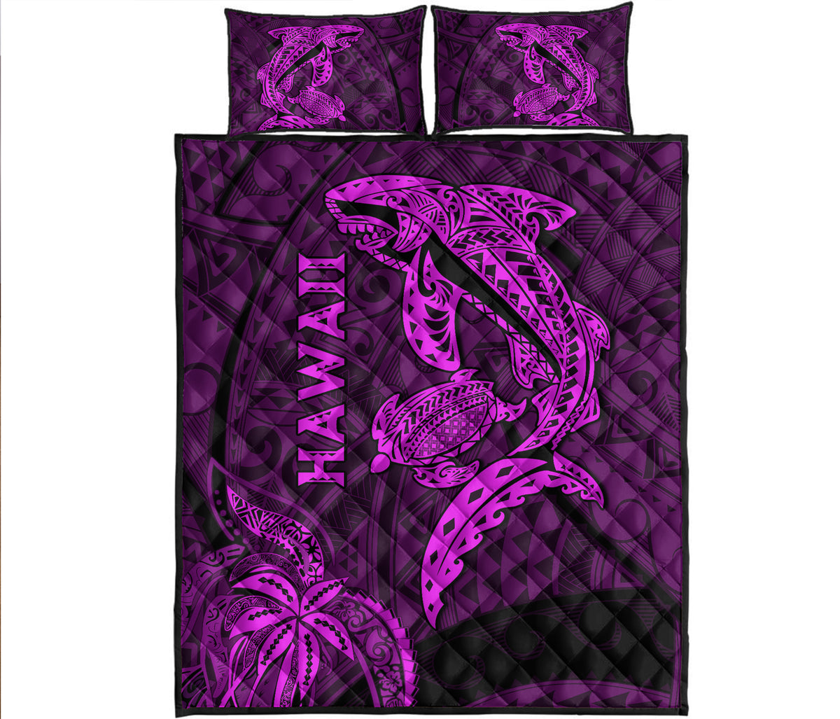 Hawaii Shark and Turtle Quilt Bed Set With Purple Kakau LT9 Purple - Polynesian Pride