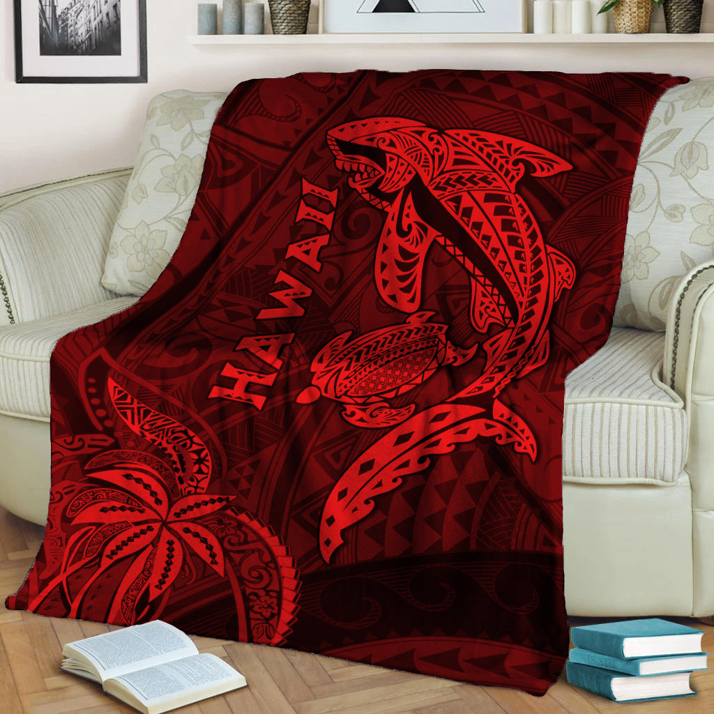 Hawaii Shark and Turtle Blanket With Red Kakau LT9 Red - Polynesian Pride
