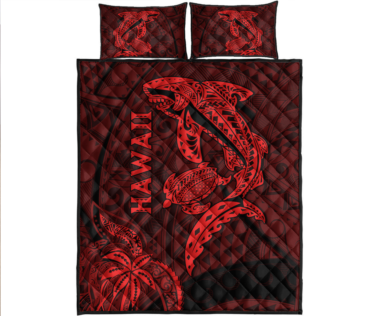 Hawaii Shark and Turtle Quilt Bed Set With Red Kakau LT9 Red - Polynesian Pride