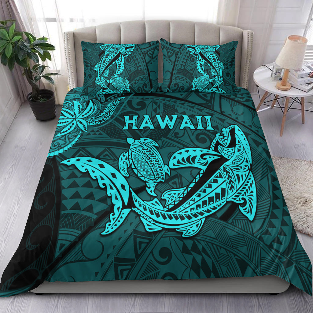 Hawaii Shark and Turtle Bedding Set With Turquoise Kakau LT9 Turquoise - Polynesian Pride