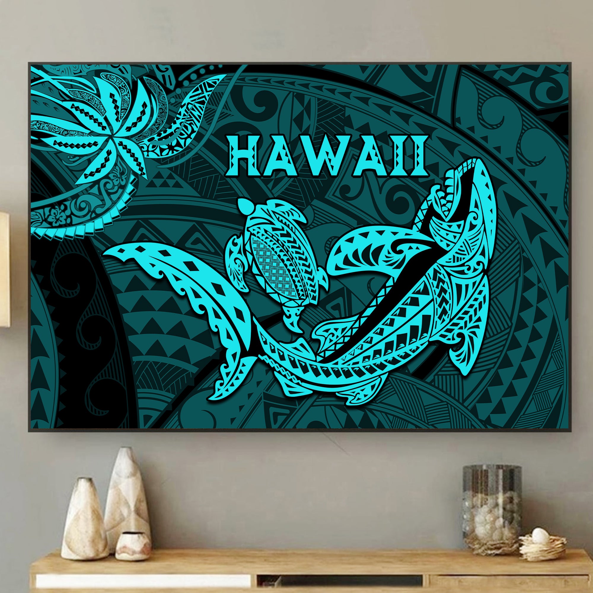 hawaii-shark-and-turtle-5-pieces-canvas-wall-art-with-turquoise-kakau