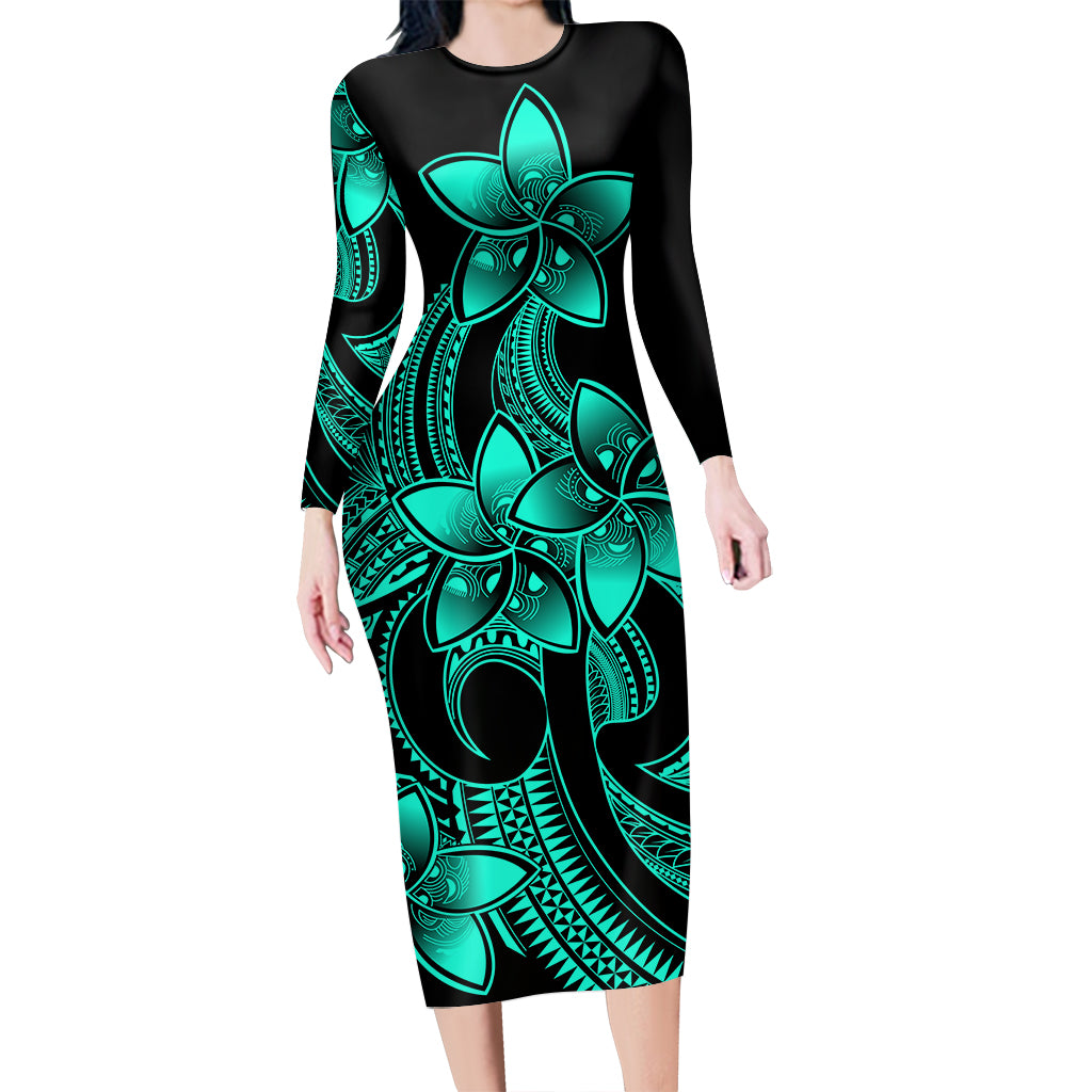 Polynesian Pride Plumeria Flowers Long Sleeve Dress Polynesian Tribal Aqua Vibe LT9 Polyester/spandex Aqua - Polynesian Pride