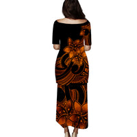 Polynesian Couple Outfits Plumeria Flowers Puletasi Dress and Hawaiian Shirt Polynesian Tribal Gold Vibe LT9 - Polynesian Pride