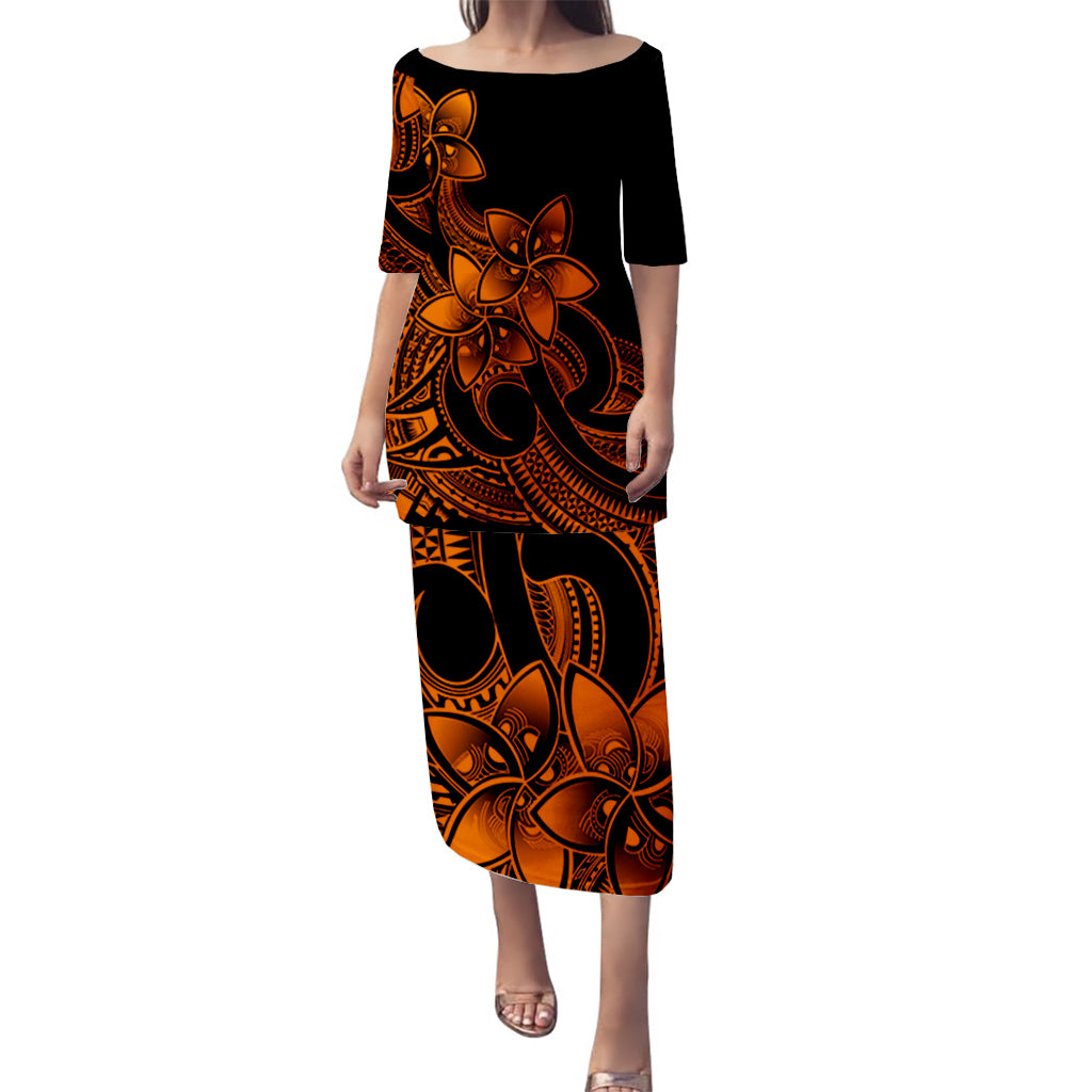 Polynesian Pride Plumeria Flowers Puletasi Dress Polynesian Tribal Gold Vibe LT9 Long Dress Gold - Polynesian Pride