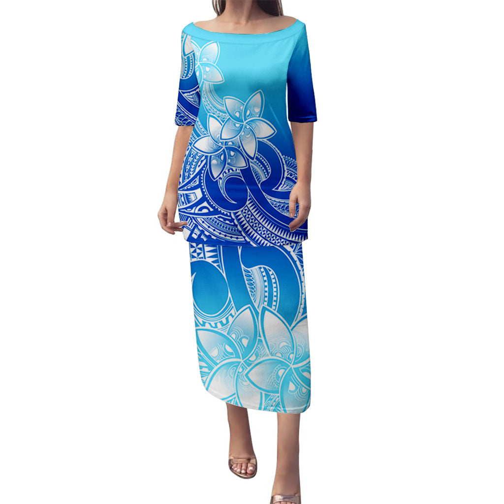 Polynesian Couple Outfits Plumeria Flowers Puletasi Dress and Hawaiian Shirt Polynesian Tribal Gradient Blue LT9 - Polynesian Pride