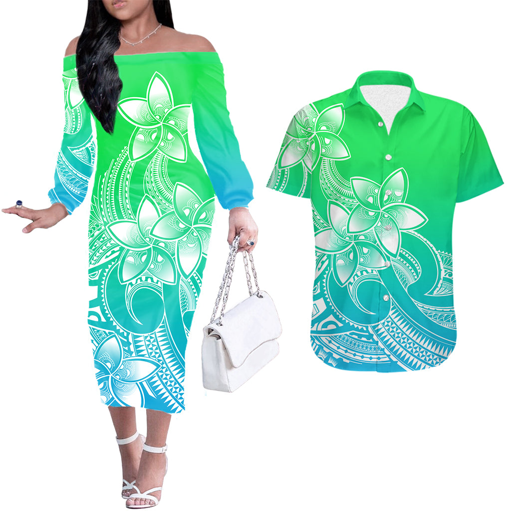 Polynesian Couple Outfits Plumeria Flowers Couples Long Sleeve Dress and Hawaiian Shirt Polynesian Tribal Gradient Green LT9 Gradient Green - Polynesian Pride