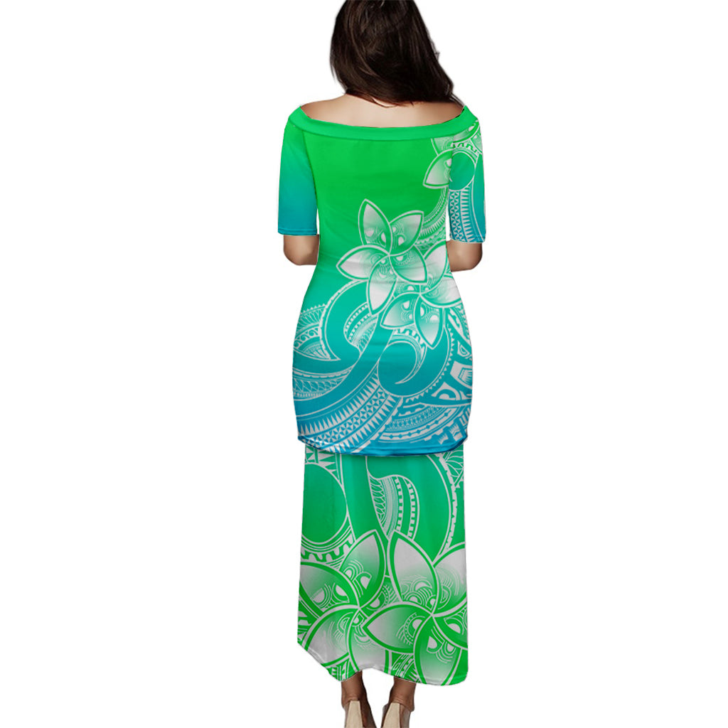 Polynesian Couple Outfits Plumeria Flowers Puletasi Dress and Hawaiian Shirt Polynesian Tribal Gradient Green LT9 - Polynesian Pride