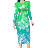 Polynesian Pride Plumeria Flowers Long Sleeve Dress Polynesian Tribal Gradient Green LT9 Polyester spandex Gradient Green - Polynesian Pride
